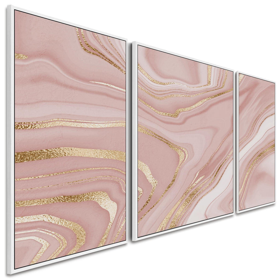 Large Pink Gold Modern Framed Canvas Wall Art - Abstract Set of 3 Pictures - 212cm Wide
