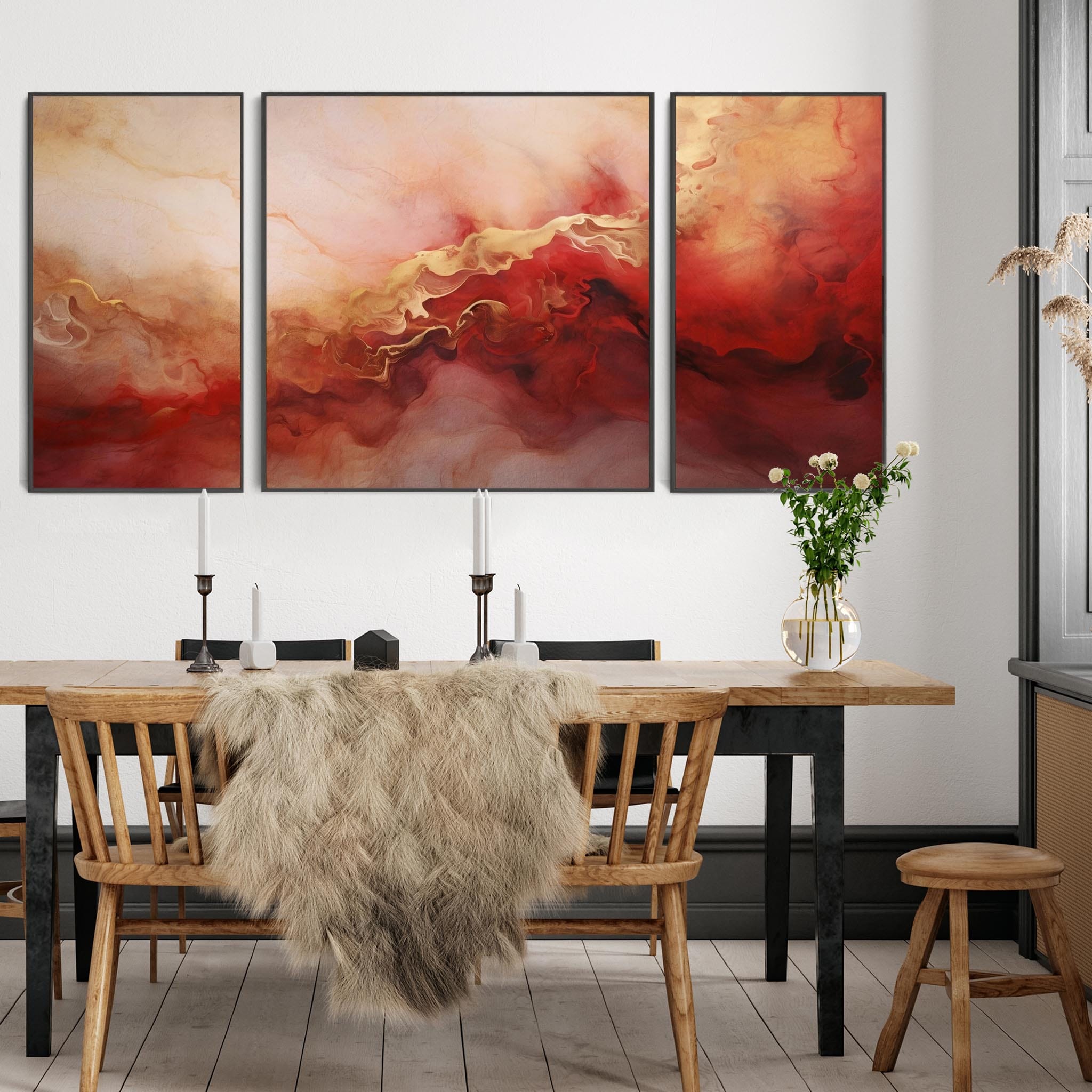 Large Red Gold Framed Abstract Canvas Wall Art Set of 3 XXL 212cm