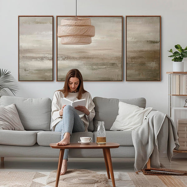 Extra Large 2m Modern Abstract Art Prints - Framed Canvas - Neutral Beige Set of 3 - 212cm