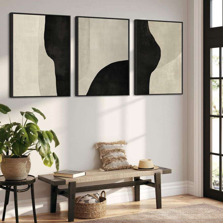 Set of 3 Framed Abstract Prints on Canvas Neutral Cream Black Trio Artwork