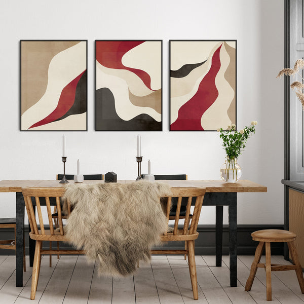 Large Set of 3 Red Abstract Framed Canvas Wall Art - Burgundy Cream Black