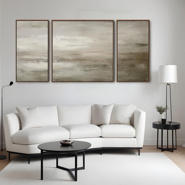 Extra Large 2m Modern Abstract Art Prints - Framed Canvas - Neutral Beige Set of 3 - 212cm