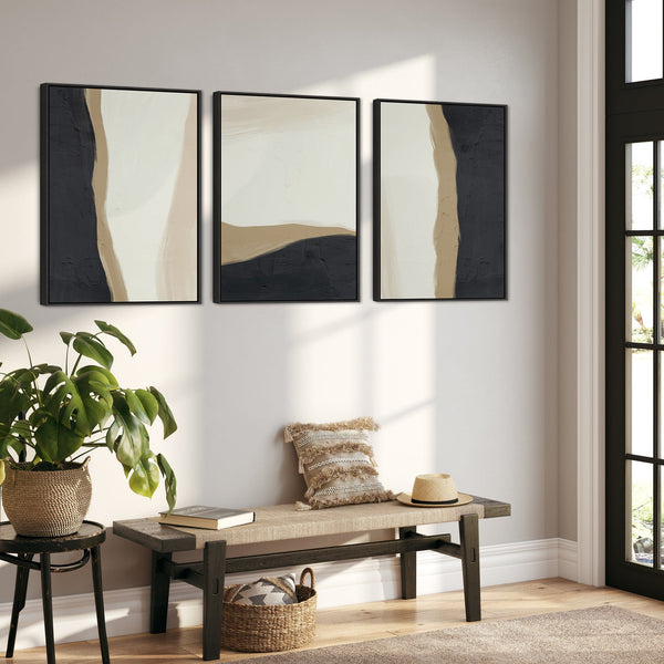 Large Set of 3 Wall Art For Living Room - Framed Abstract Black Cream