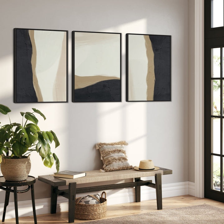 Large Set of 3 Wall Art For Living Room - Framed Abstract Black Cream - 3FF2095-B-XL