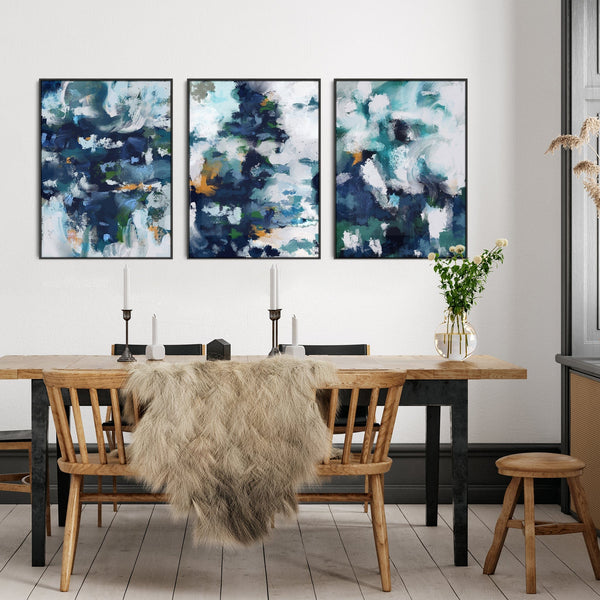 Large Teal Wall Art Pictures for Living Room - Set of 3 Framed Canvas Artwork