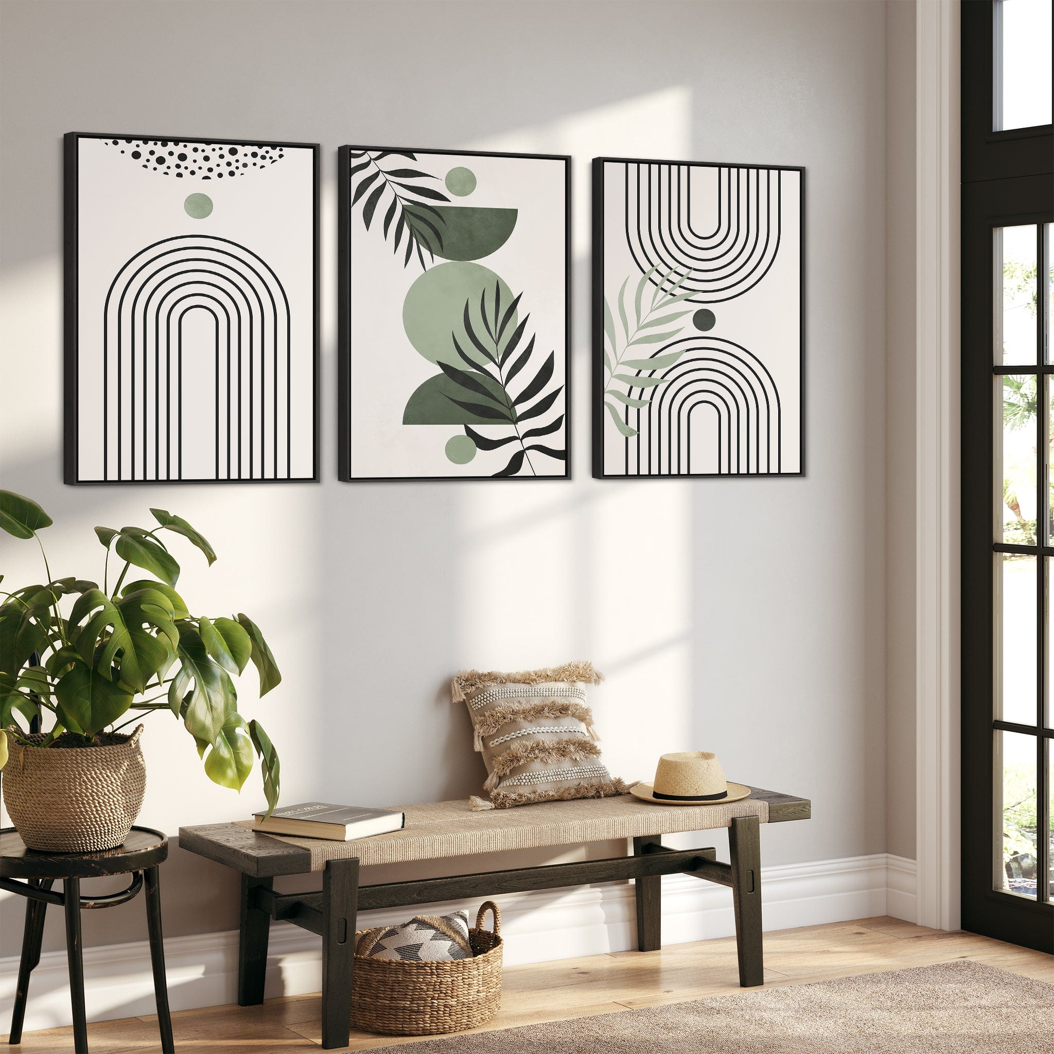 Boho Wall Art - Framed Set of 3 - Extra Large - Green Canvas