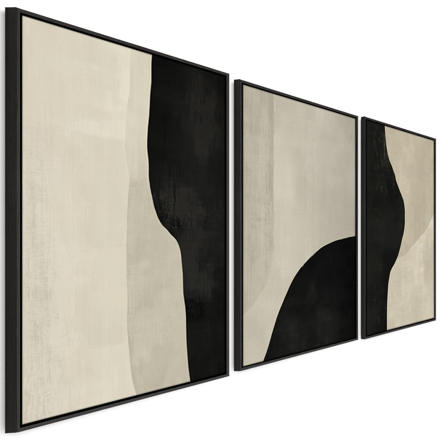 Set of 3 Framed Abstract Prints on Canvas Neutral Cream Black Trio Artwork