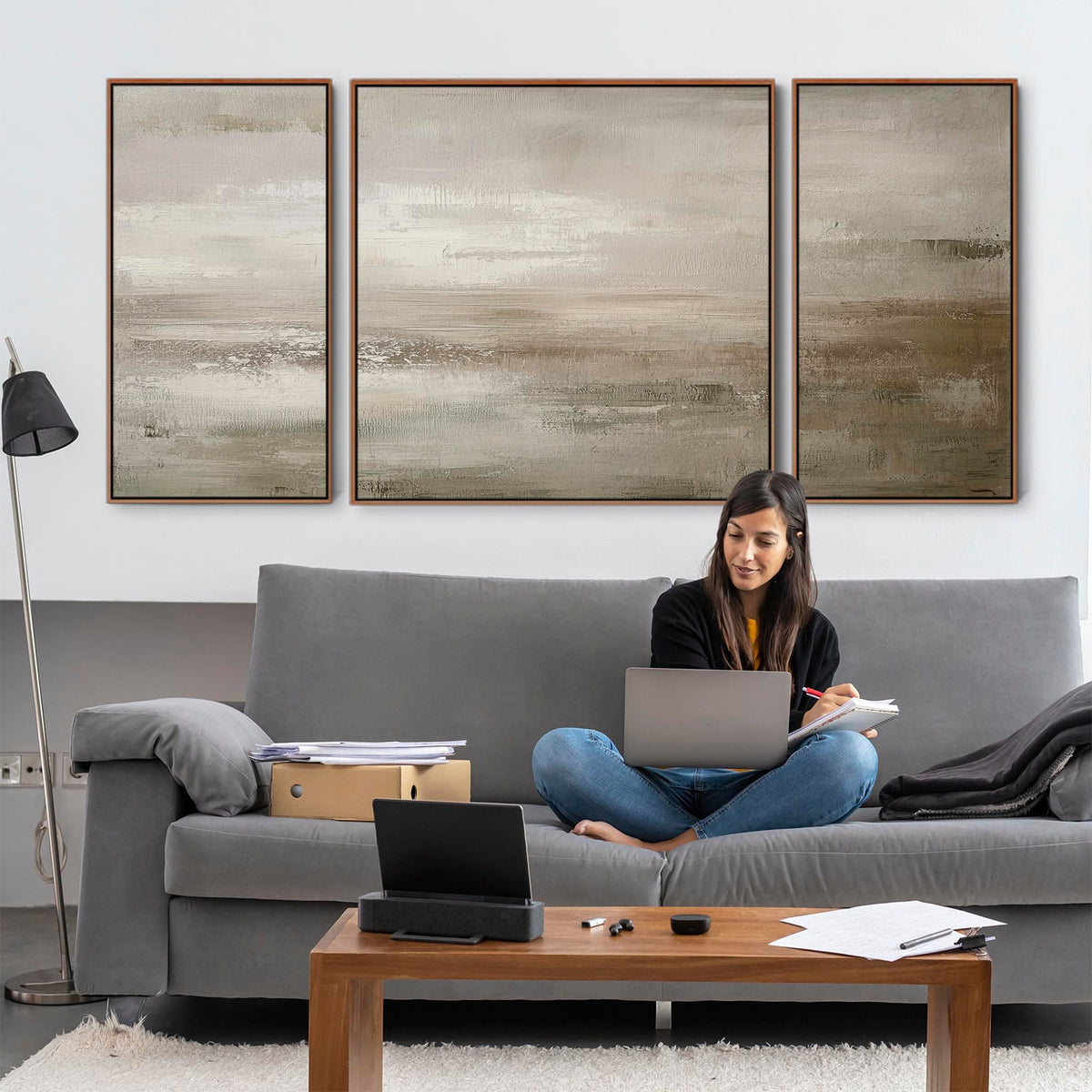 Extra Large 2m Modern Abstract Art Prints - Framed Canvas - Neutral Be ...