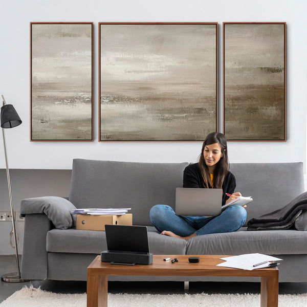 Extra Large 2m Modern Abstract Art Prints - Framed Canvas - Neutral Beige Set of 3 - 212cm