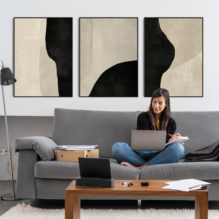 Set of 3 Framed Abstract Prints on Canvas Neutral Cream Black Trio Artwork - 3FF2601-B-XL