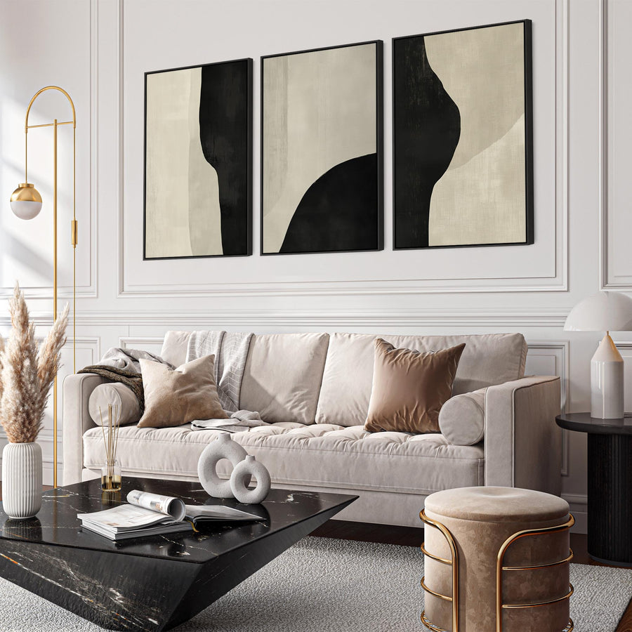 Set of 3 Framed Abstract Prints on Canvas Neutral Cream Black Trio Artwork