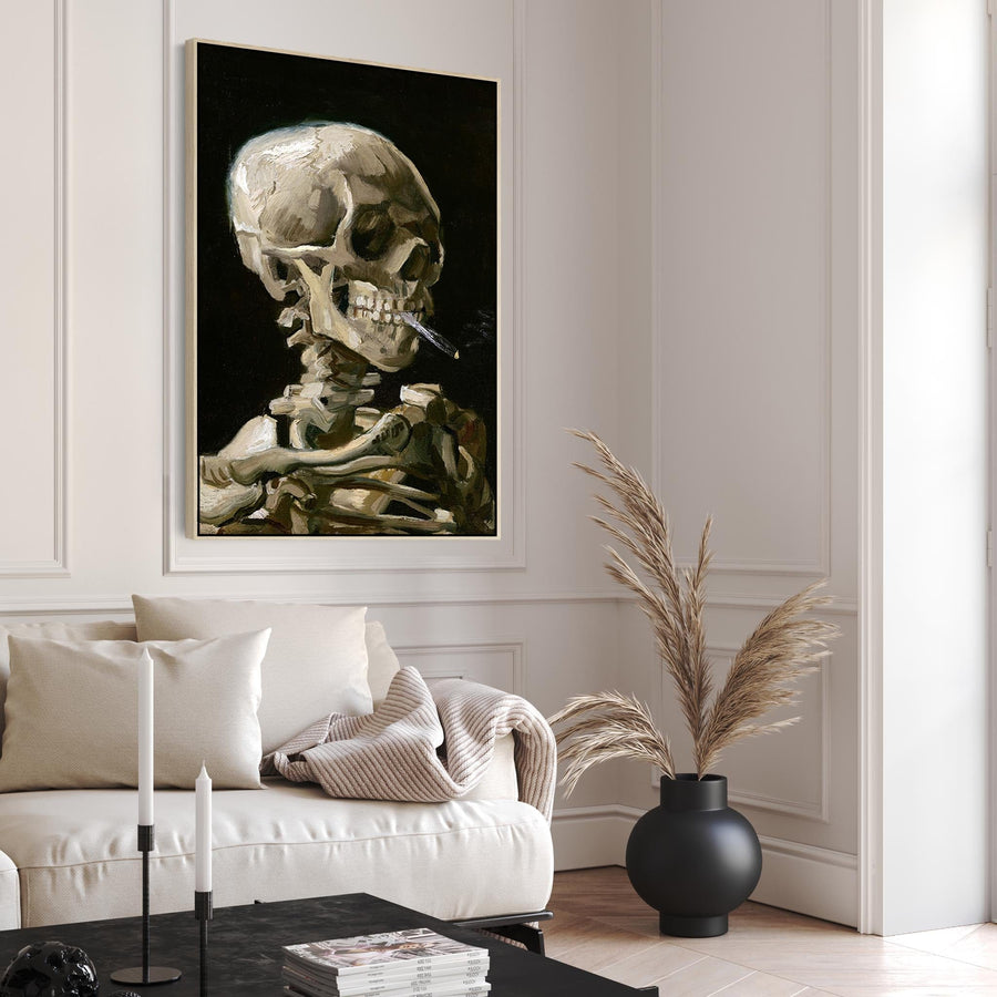 Skeleton Skull Smoking Cigarette Wall Art Framed Canvas Print of Vincent Van Gogh Painting