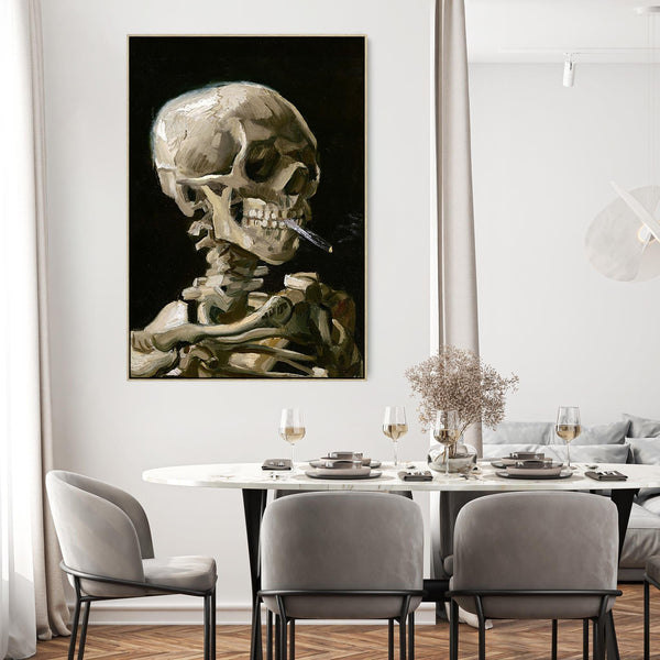 Skeleton Skull Smoking Cigarette Wall Art Framed Canvas Print of Vincent Van Gogh Painting