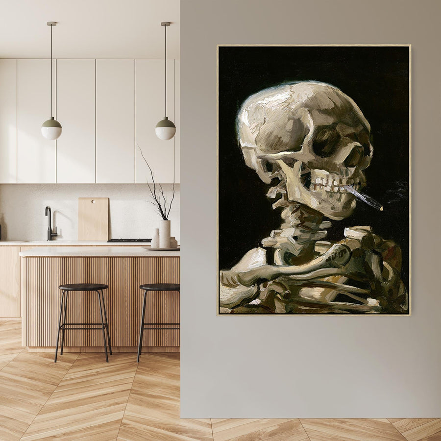 Skeleton Skull Smoking Cigarette Wall Art Framed Canvas Print of Vincent Van Gogh Painting