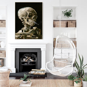 Skeleton Skull Smoking Cigarette Wall Art Framed Canvas Print of Vincent Van Gogh Painting