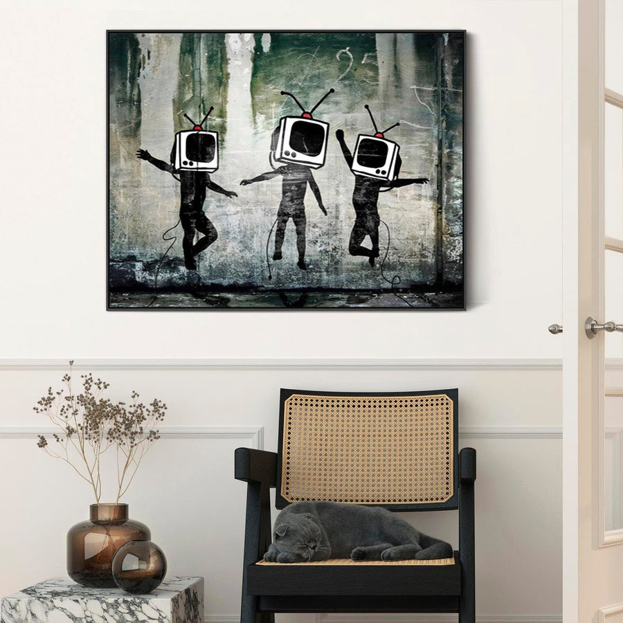 Large Banksy Framed Canvas Art Print - TV Heads