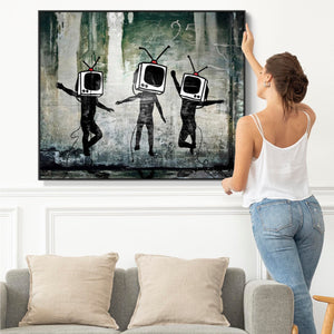 Large Banksy Framed Canvas Art Print - TV Heads