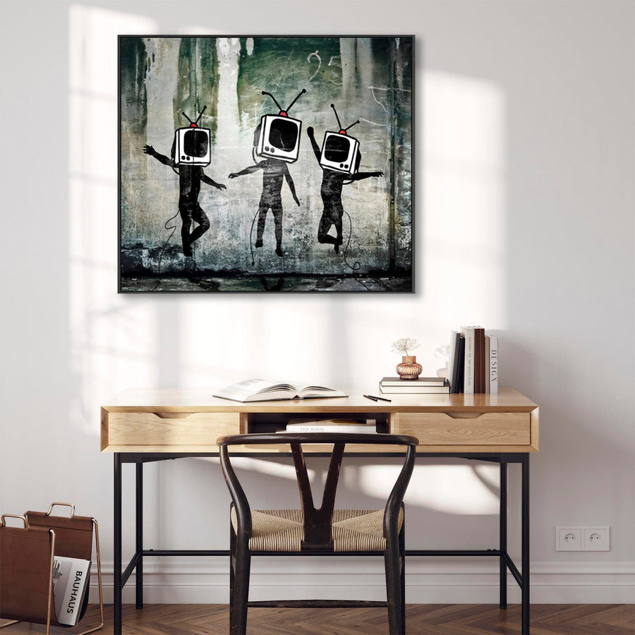 Large Banksy Framed Canvas Art Print - TV Heads