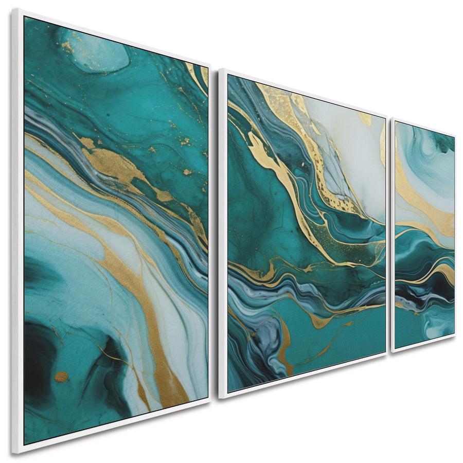 Extra Large Teal Gold Abstract Framed Canvas Wall Art - XXL 212cm Wide