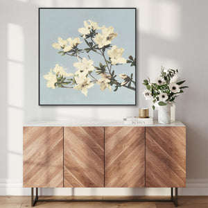 Vintage Japanese Blue Floral Wall Art Framed Canvas Print of Azaleas Flowers Painting - XL 100cm x 100cm