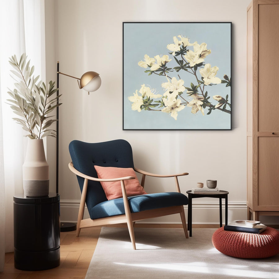 Vintage Japanese Blue Floral Wall Art Framed Canvas Print of Azaleas Flowers Painting - XL 100cm x 100cm