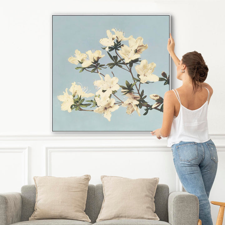 Vintage Japanese Blue Floral Wall Art Framed Canvas Print of Azaleas Flowers Painting - XL 100cm x 100cm - FFs-2262-W-XL