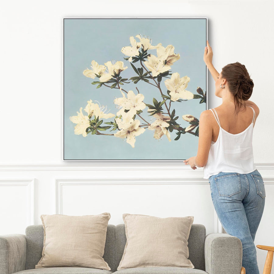 Vintage Japanese Blue Floral Wall Art Framed Canvas Print of Azaleas Flowers Painting - XL 100cm x 100cm