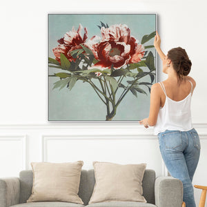 Vintage Japanese Pink Floral Wall Art Framed Canvas Print of Tree Peony Flowers Painting - 100cm x 100cm