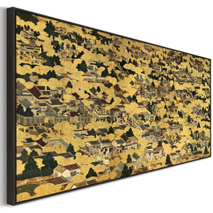 Vintage Japanese Wall Art Framed Canvas Print of Golden Yellow Kyoto Landscape Map