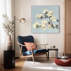 Vintage Japanese Blue Floral Wall Art Framed Canvas Print of Azaleas Flowers Painting - XL 100cm x 100cm