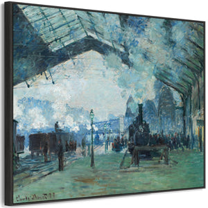 Large Claude Monet Framed Canvas Print of Station Arrival Normandy Train Saint Lazare Painting