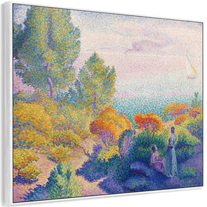 Large Henri Edmond Cross Colourful Framed Canvas Print of Two Women by the Shore Multi Coloured Painting