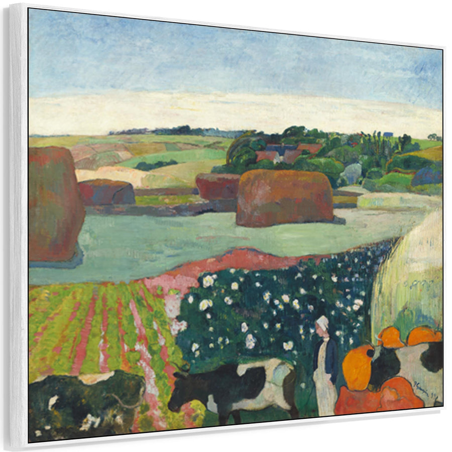 Large Paul Gauguin Framed Canvas Print of Landscape of Haystacks in Brittany Painting