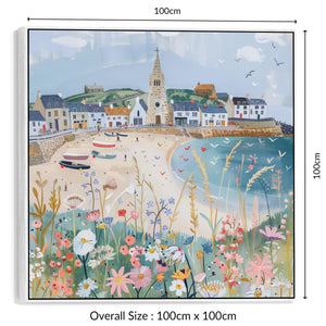 Coastal Cornish Harbour Wall Art Framed Canvas Print of Cornwall Seaside Painting - 100cm x 100cm