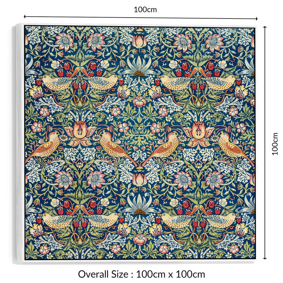 Large Colourful William Morris Wall Art Framed Canvas Print of Strawberry Thief Pattern - 100cm x 100cm