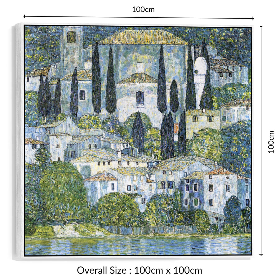 Large Blue Gustav Klimt Landscape Wall Art Framed Canvas Print of Kirche in Casseone Painting - 100cm x 100cm