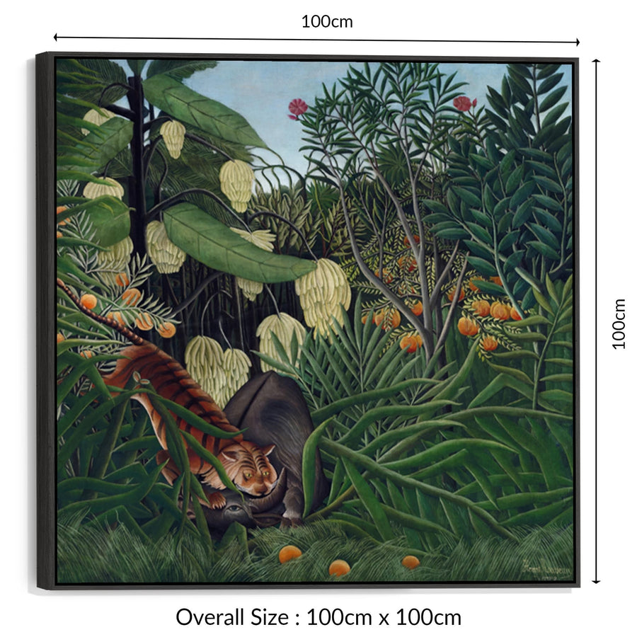 Large Henri Rousseau Wall Art Framed Canvas Print of Fight Between Tiger and Buffalo Famous Painting - 100cm x 100cm