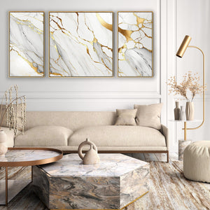 Large White Gold Abstract Framed Wall Art - Modern Set of 3 - XXL 212cm Wide