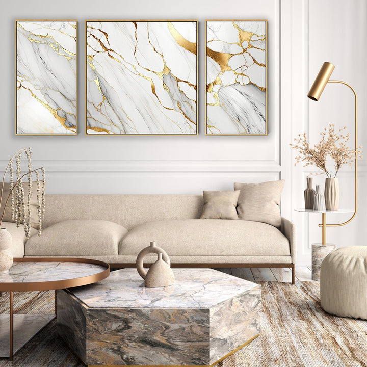 Large White Gold Abstract Framed Wall Art - Modern Set of 3 - XXL 212cm Wide - 3AF2145XXL-G