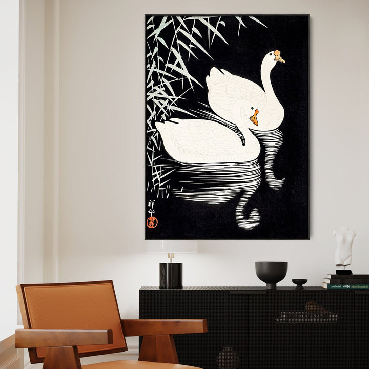 White Swans Japanese Wall Art Framed Canvas Print of Ohara Koson Painting - FFp-2177-B-S