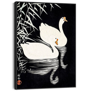 White Swans Japanese Wall Art Framed Canvas Print of Ohara Koson Painting