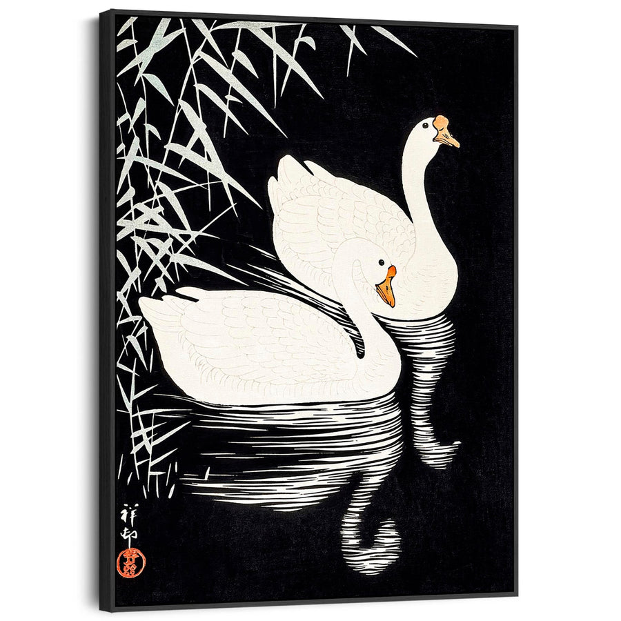 White Swans Japanese Wall Art Framed Canvas Print of Ohara Koson Painting