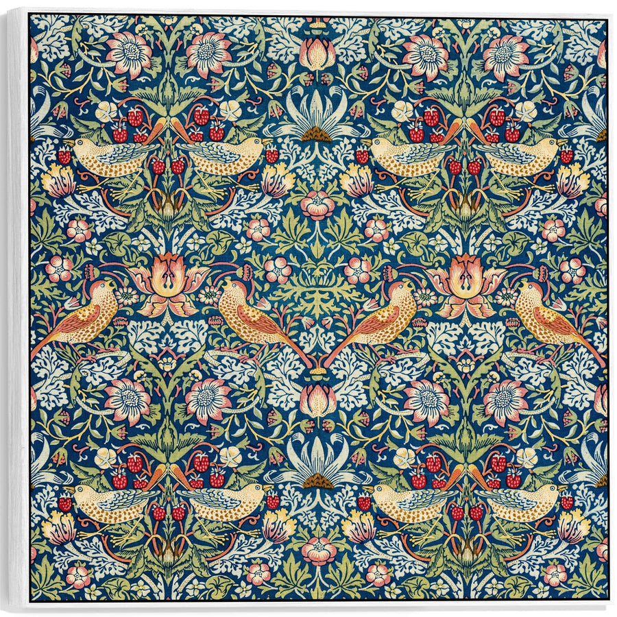 Large Colourful William Morris Wall Art Framed Canvas Print of Strawberry Thief Pattern - 100cm x 100cm