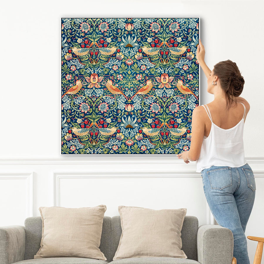 Large Colourful William Morris Wall Art Framed Canvas Print of Strawberry Thief Pattern - 100cm x 100cm