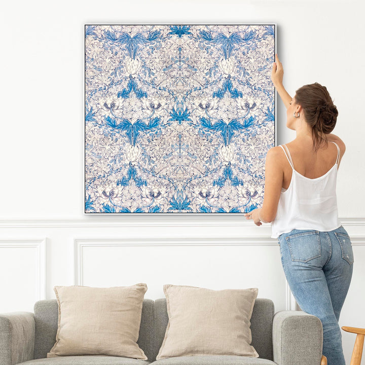 Large William Morris Wall Art Framed Canvas Print of Famous White Honeysuckle Pattern - 100cm x 100cm - FFs-2276-W-XL