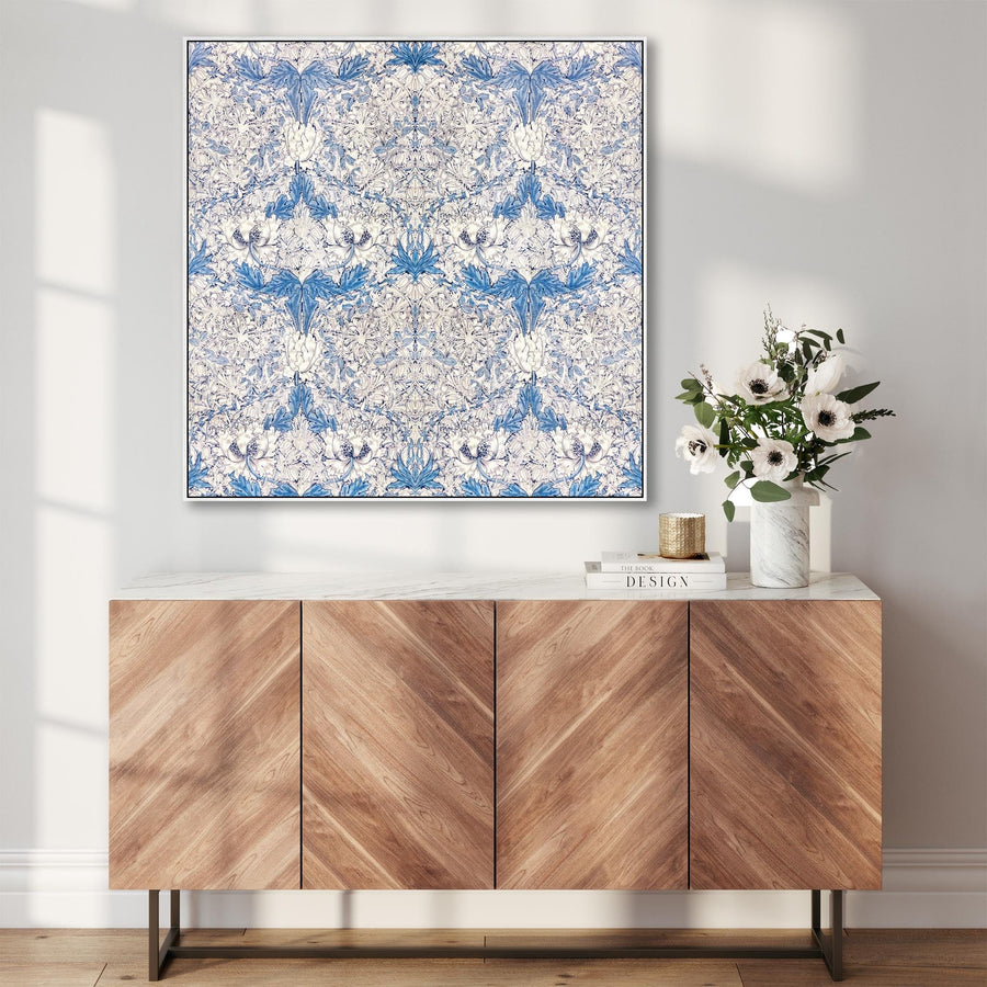 Large William Morris Wall Art Framed Canvas Print of Famous White Honeysuckle Pattern - 100cm x 100cm