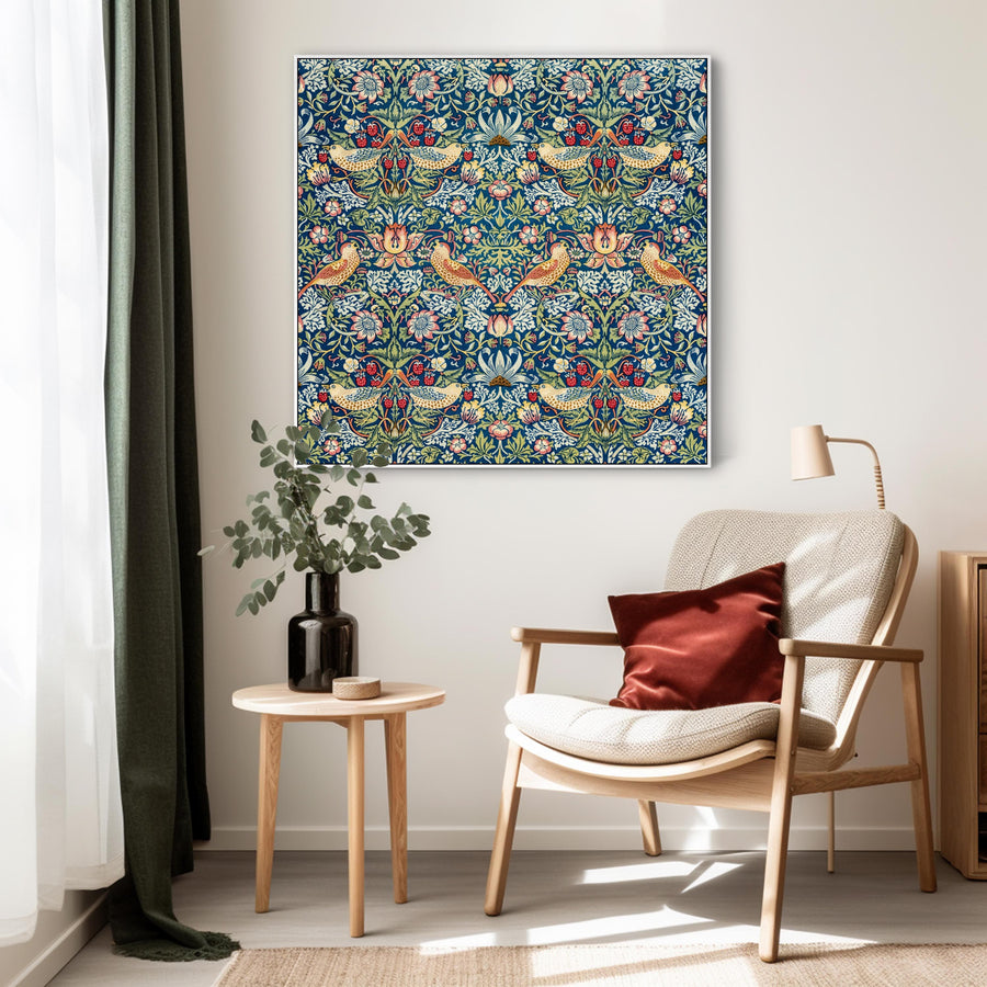 Large Colourful William Morris Wall Art Framed Canvas Print of Strawberry Thief Pattern - 100cm x 100cm