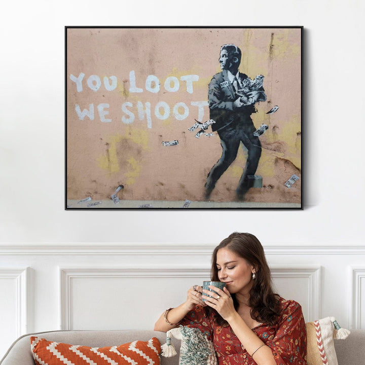 Large Banksy Framed Canvas Art Print - You Loot We Shoot - FFob-2487-B-L