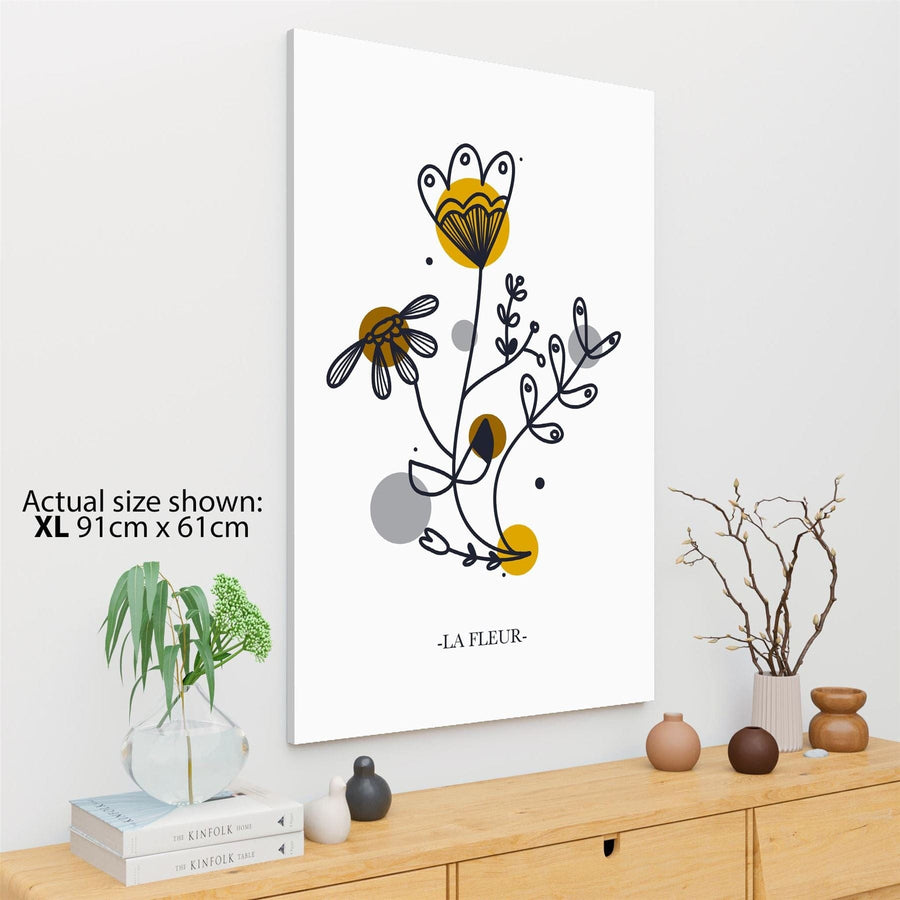 Mustard Yellow Grey Flowers Abstract Design Floral Canvas Wall Art Picture