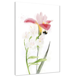 Pink Yellow Flower and Bumble Bee Floral Canvas Wall Art Print